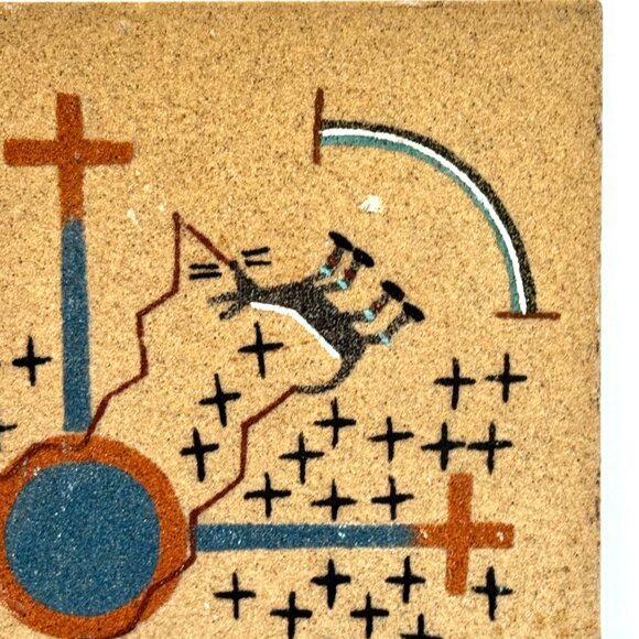Navajo Indian Sand Art Creation Coyote Stealing Fire 8x8" Tile Todacheenie - Picture 3 of 9